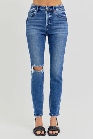 RISEN High Rise Ankle Skinny Knee Distressed Blue Denim Jeans