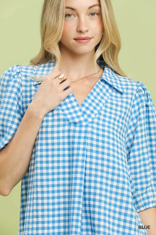Umgee Gingham Puff Sleeve Collared Blouse - Glamourous Grace