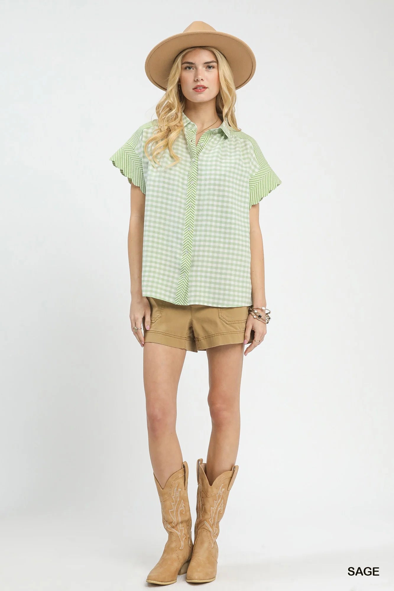 Umgee Mixed Gingham Short Sleeve Shirt - Glamourous Grace