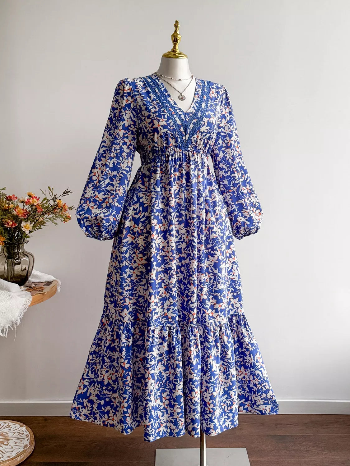 Plus Size Floral Print V-Neck Long Sleeve Maxi Dress - Glamourous Grace