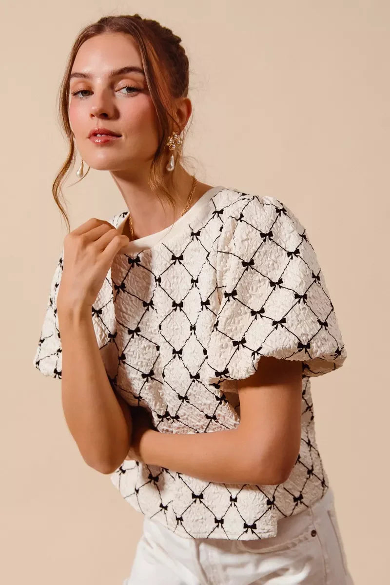 SO ME Bow Texture Woven Bubble Sleeve Top - Glamourous Grace