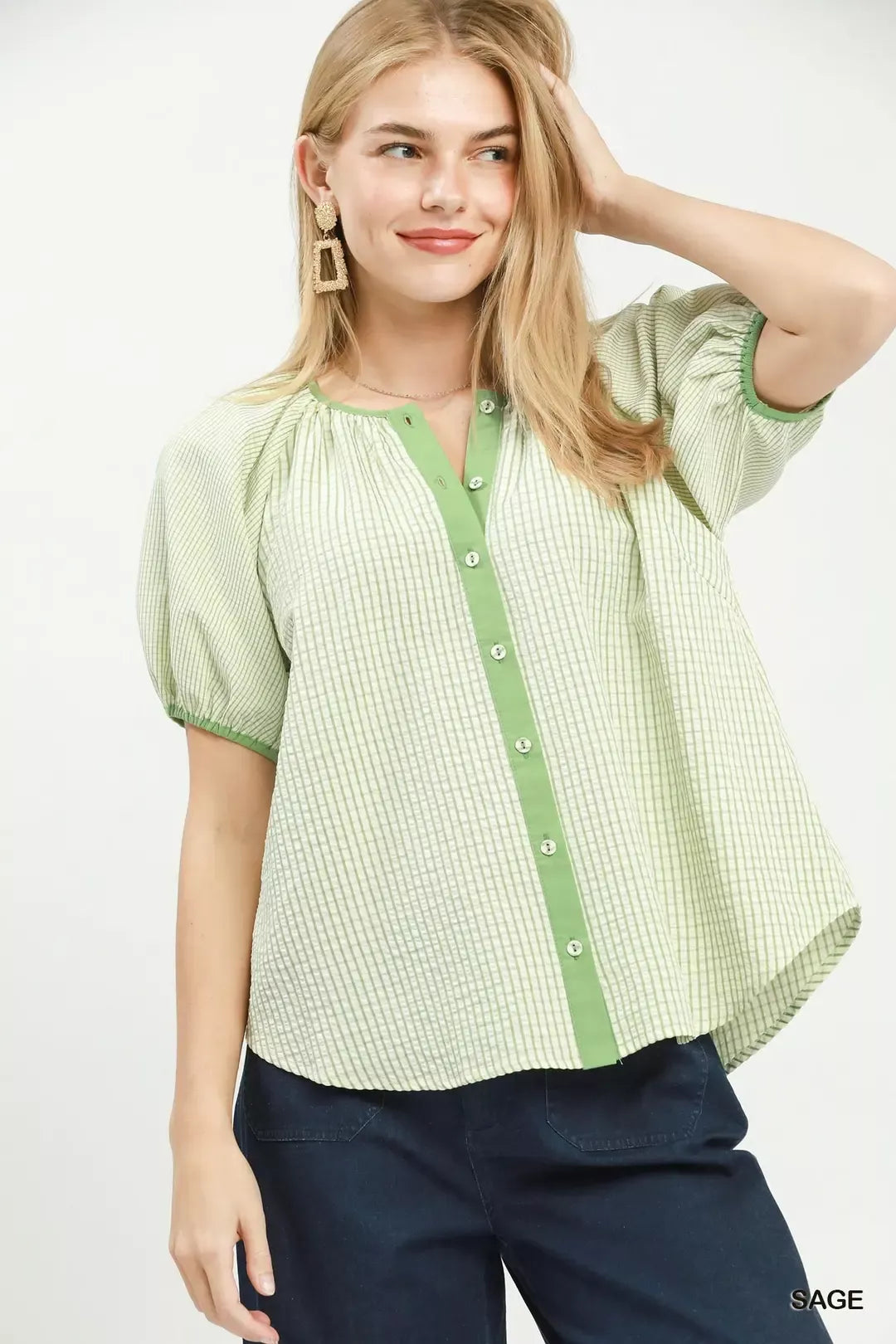 Umgee Checker Puff Sleeve Button Front Blouse - Glamourous Grace