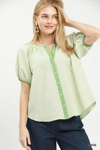 Umgee Checker Puff Sleeve Button Front Blouse - Glamourous Grace