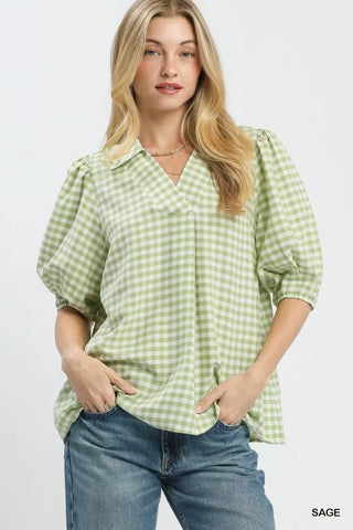 Umgee Gingham Puff Sleeve Collared Blouse in Sage - Glamourous Grace