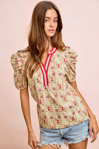 BiBi Floral Gather Sleeves Contrast Neckband Blouse Top - Glamourous Grace