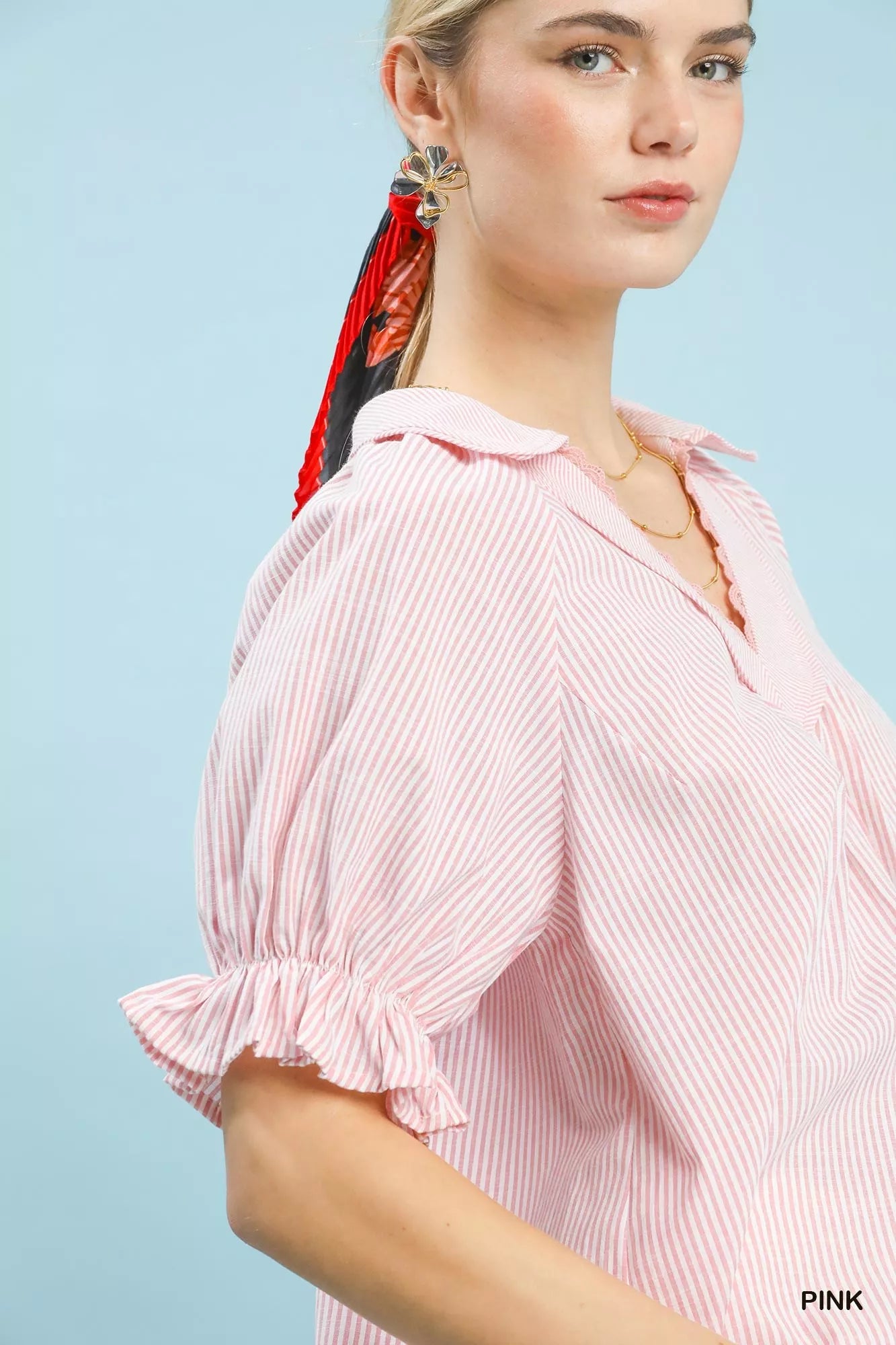 Umgee Pinstripe V-Neck Ruffle Sleeve Blouse - Glamourous Grace