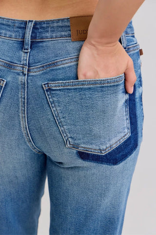 Judy Blue Full Size Mid Rise Bf Patch & Repair Destroy Release Hem Jeans Plus Size