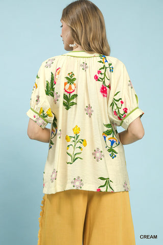 Umgee Botanical Print Contrast Trim Button Blouse - Glamourous Grace