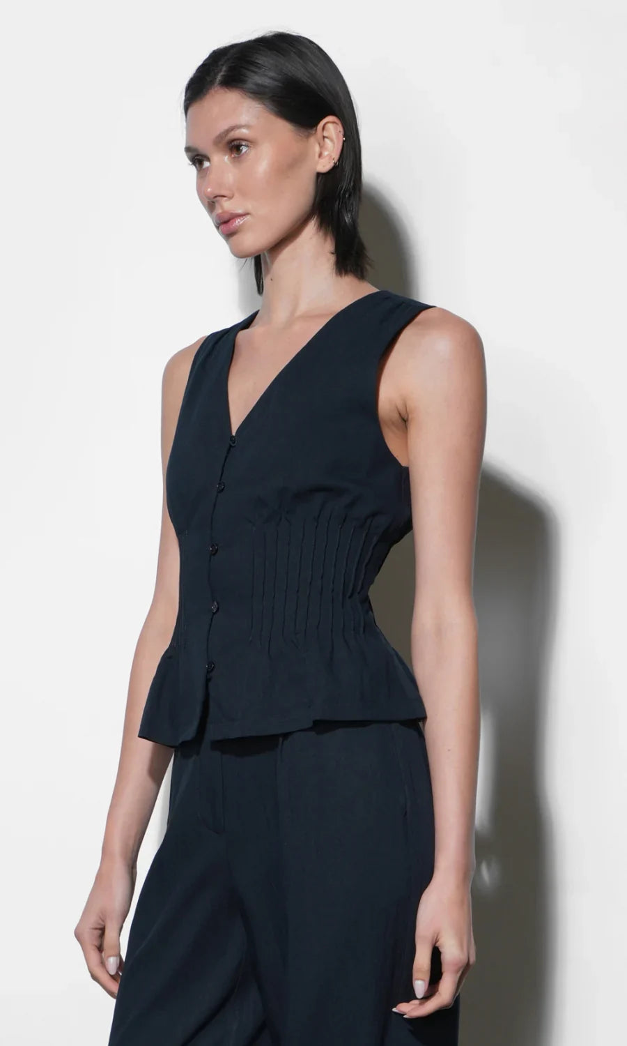 Lily Pintuck Navy Sleeveless Top - Glamourous Grace