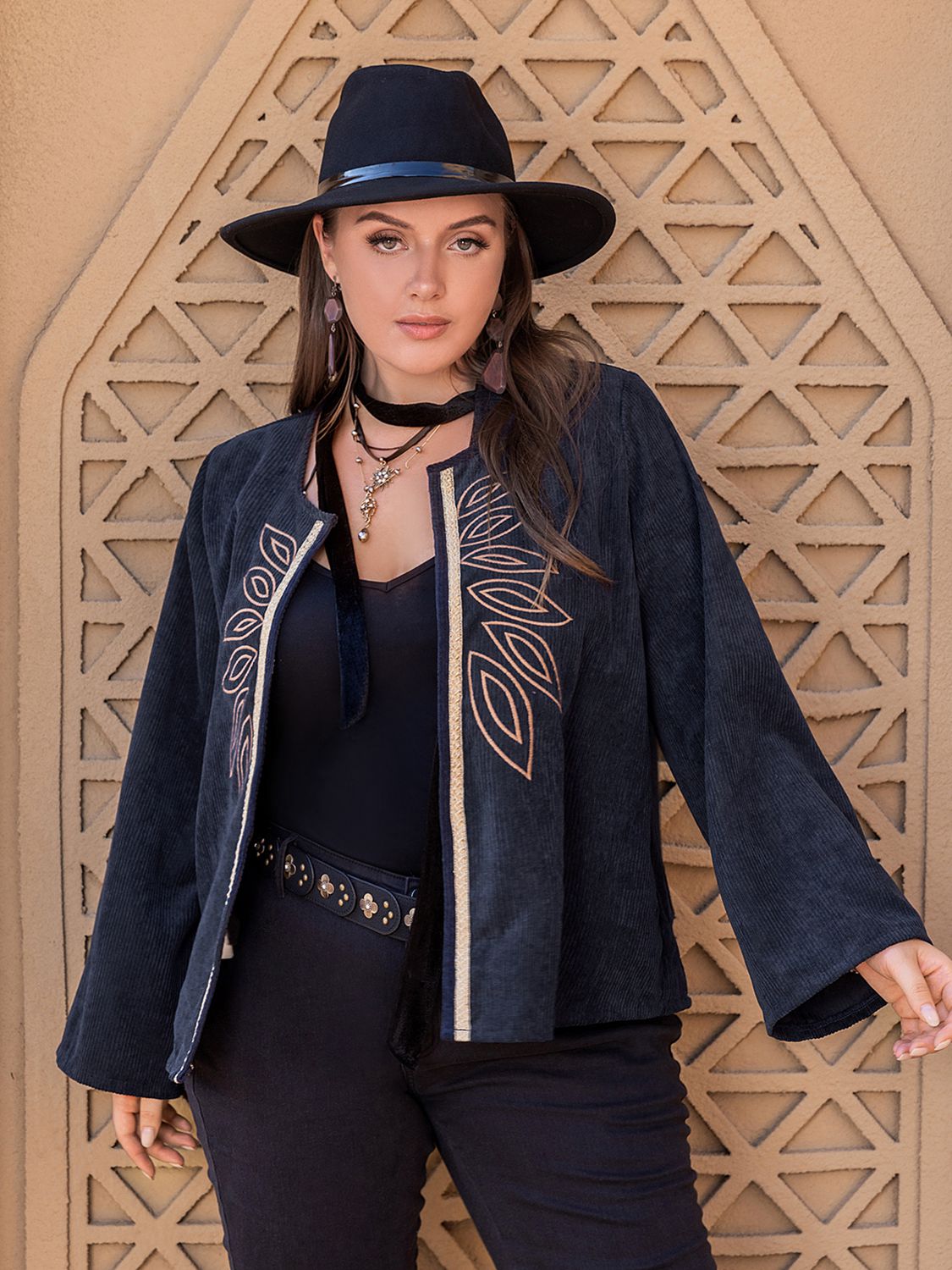 Plus Size Embroidered Open Front Jacket - Glamourous Grace