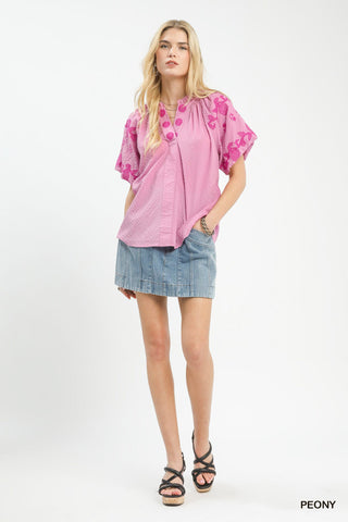 Umgee Embroidered Textured Flutter Sleeve Top - Glamourous Grace