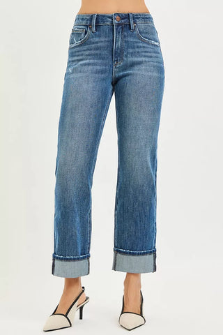 RISEN 4 Way Stretch Slouchy Straight Jeans with Cuffed Hem