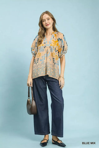 Umgee Border Print Puff Sleeve V-Neck Blouse - Glamourous Grace