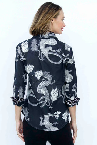 3/4 Sleeve Rome Shirt Black and White Dragons On Voile - Glamourous Grace
