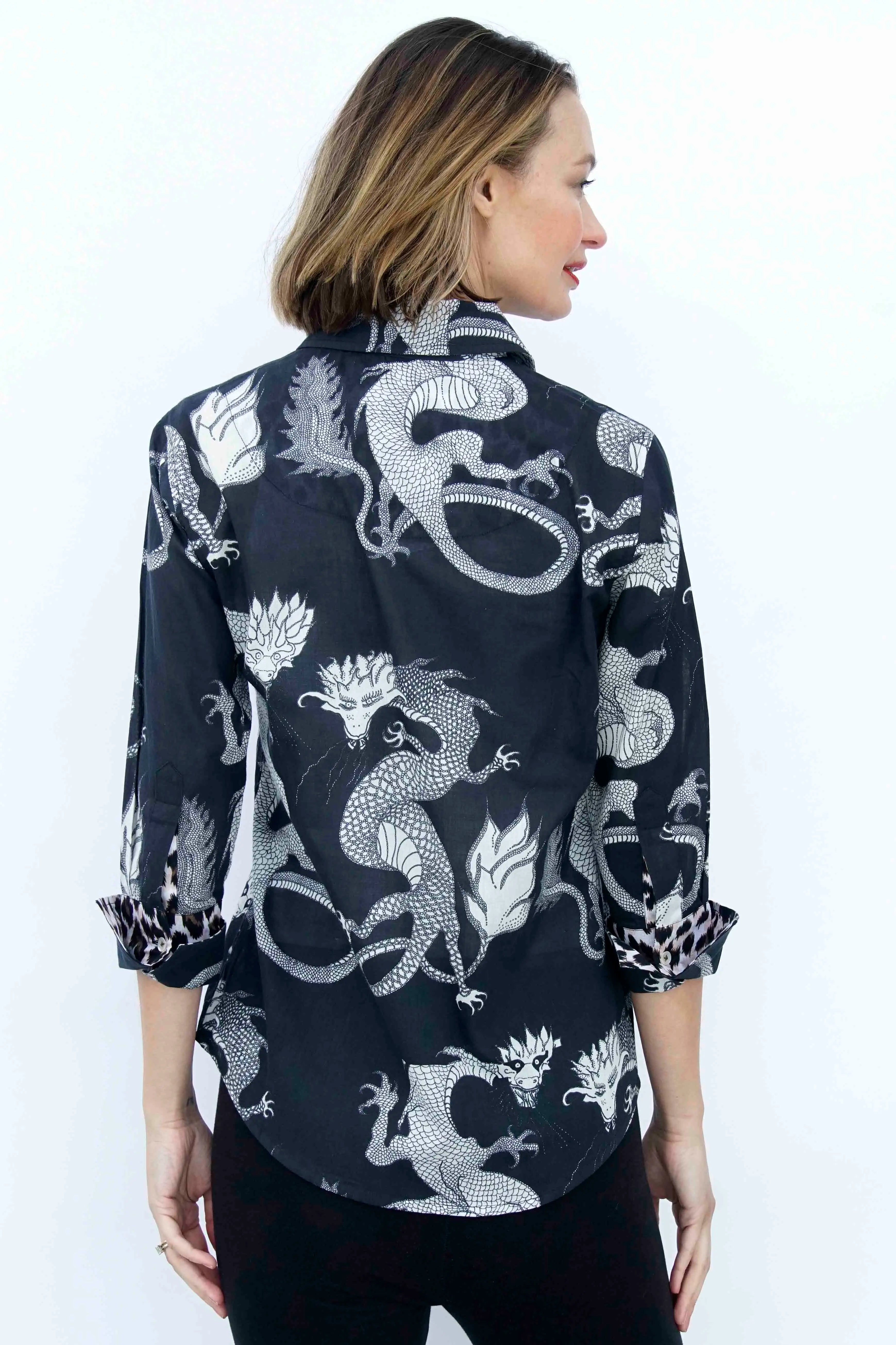3/4 Sleeve Rome Shirt Black and White Dragons On Voile - Glamourous Grace