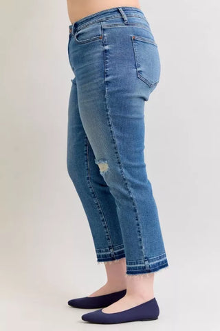 Judy Blue Mid Rise Patch & Repair Destroy Release Hem Boyfriend Jeans