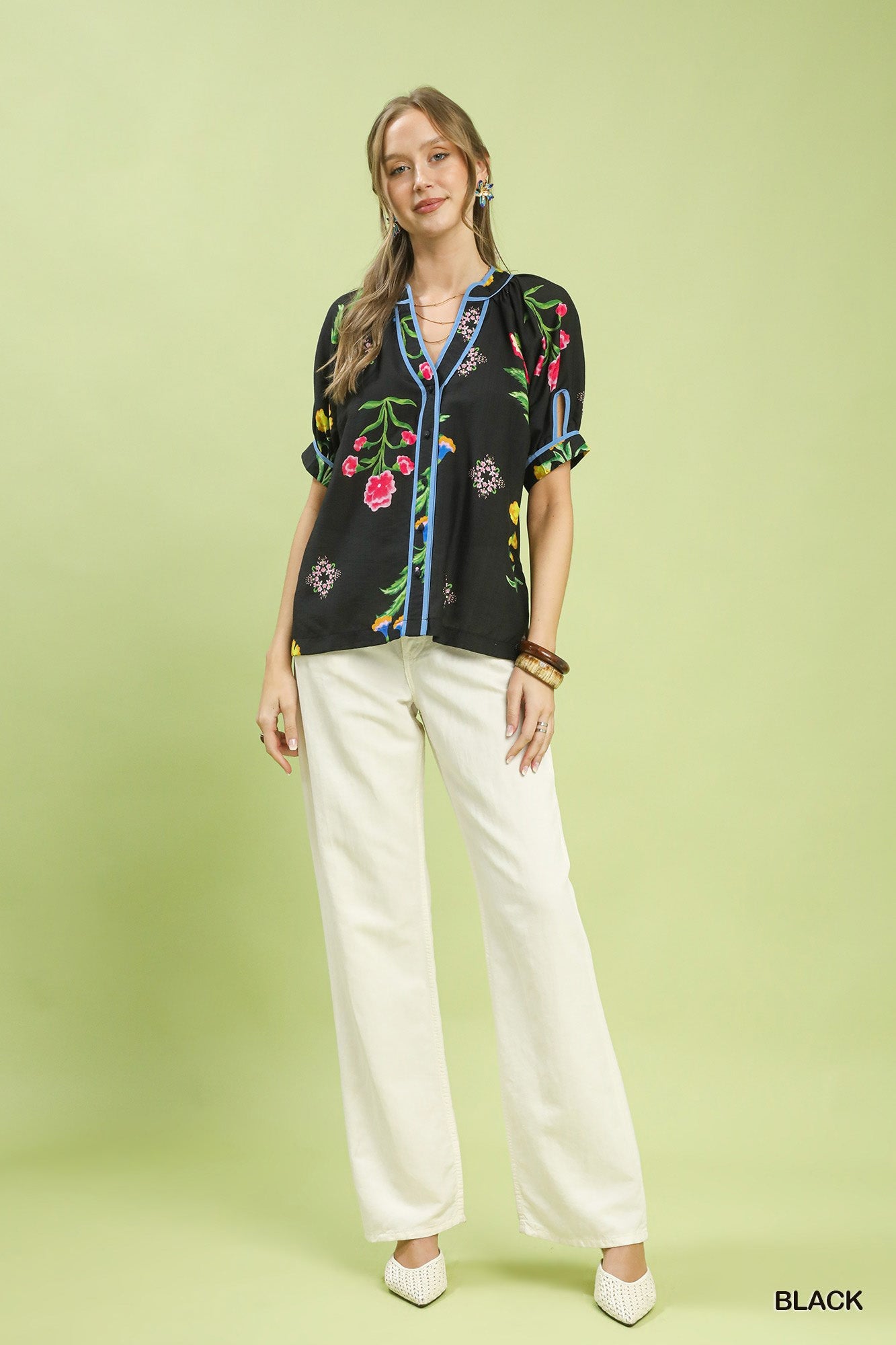 Umgee Botanical Print Contrast Trim Button Blouse - Black Sz L - Glamourous Grace