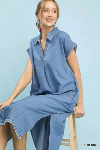 Umgee Stone Washed Collared Denim Midi Dress - Glamourous Grace