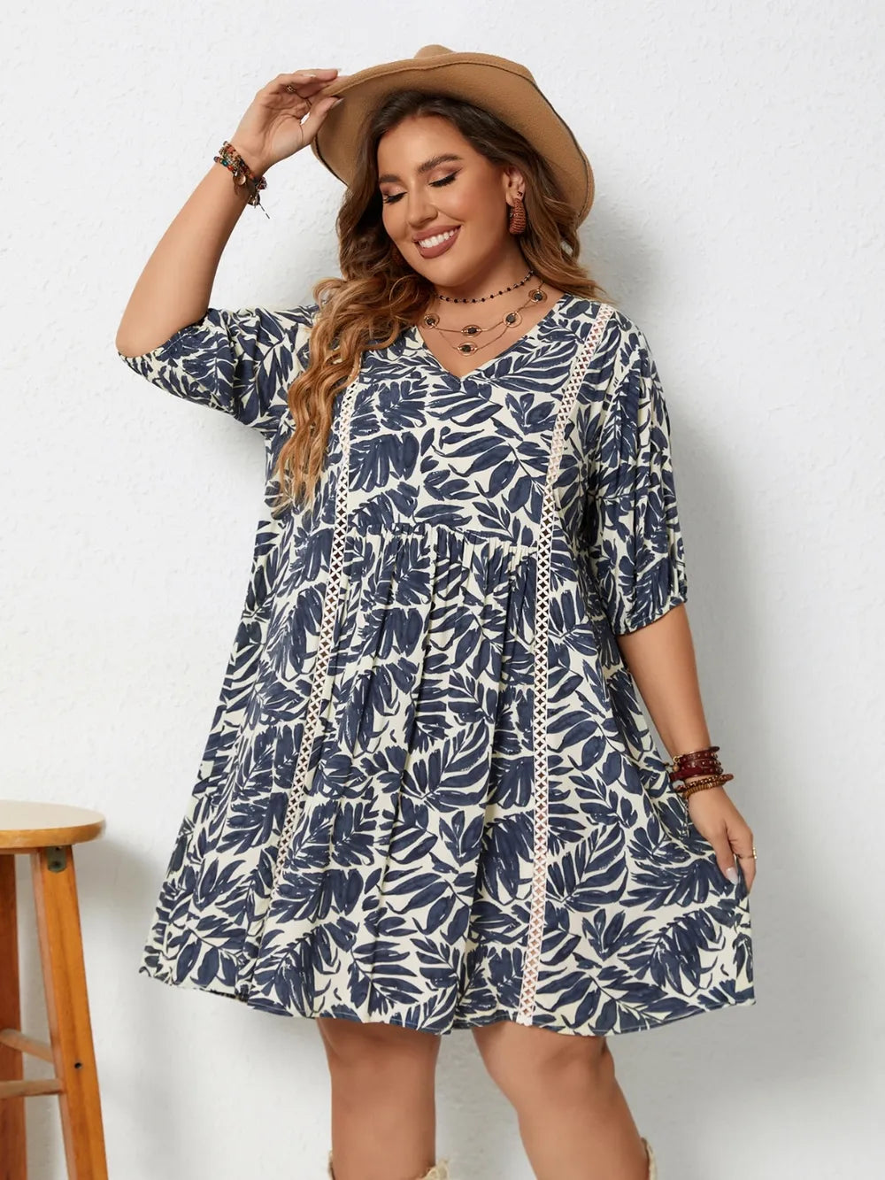 Plus Size Printed V-Neck Half Sleeve Mini Dress - Glamourous Grace