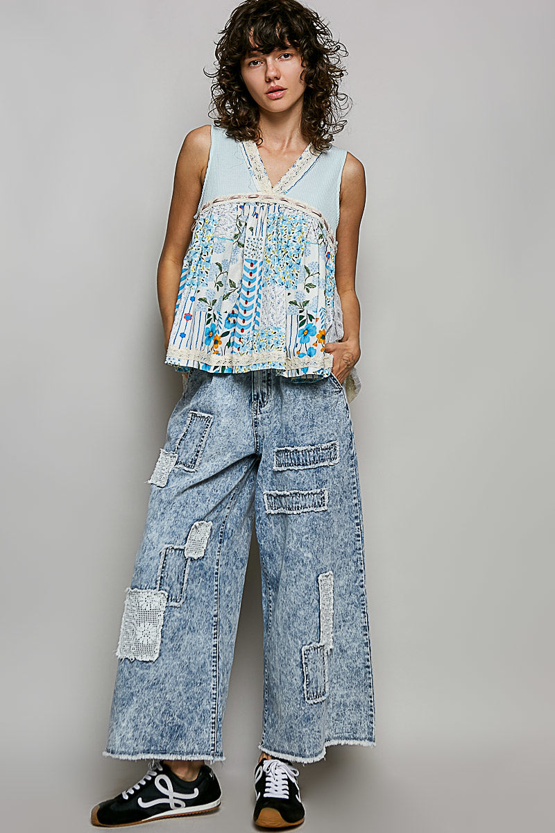 POL Floral V-Neck Sheer Tank with Lace Trim in Soda Candy - Glamourous Grace