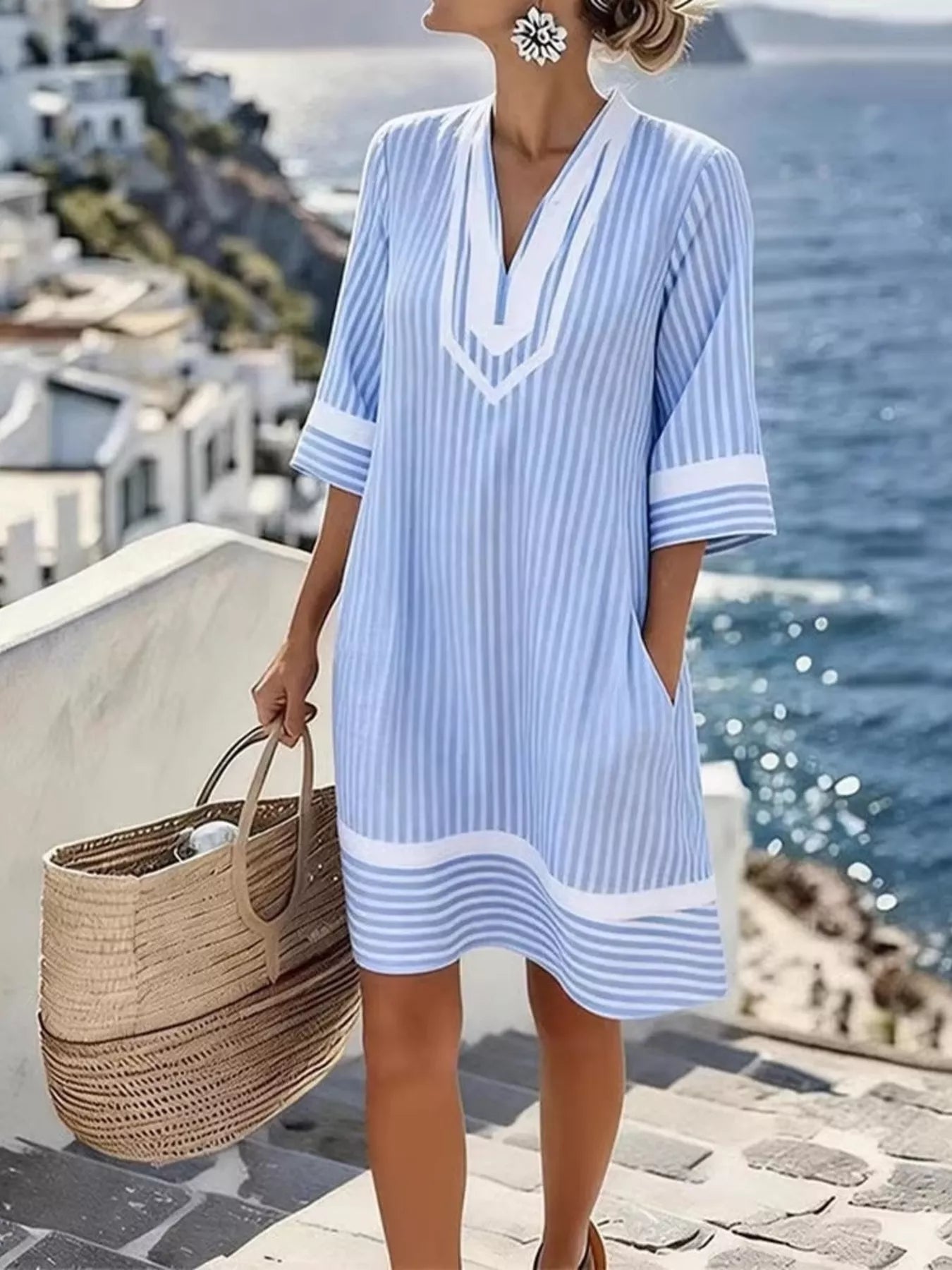 Full Size Striped V-Neck Casual Dress Plus Size - Glamourous Grace