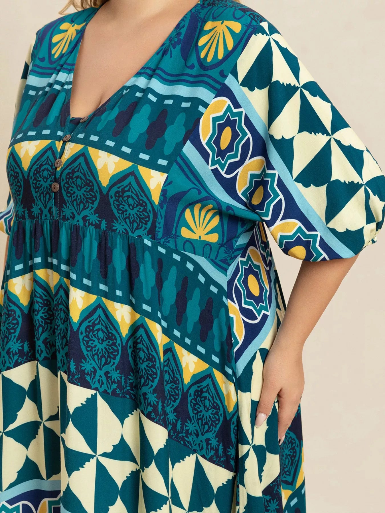 Plus Size Printed V-Neck Half Sleeve Midi Dress - Glamourous Grace