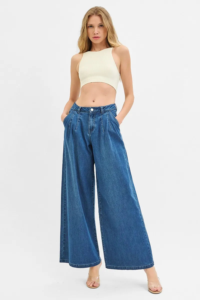 RISEN Pleated Wide Leg Denim Jeans