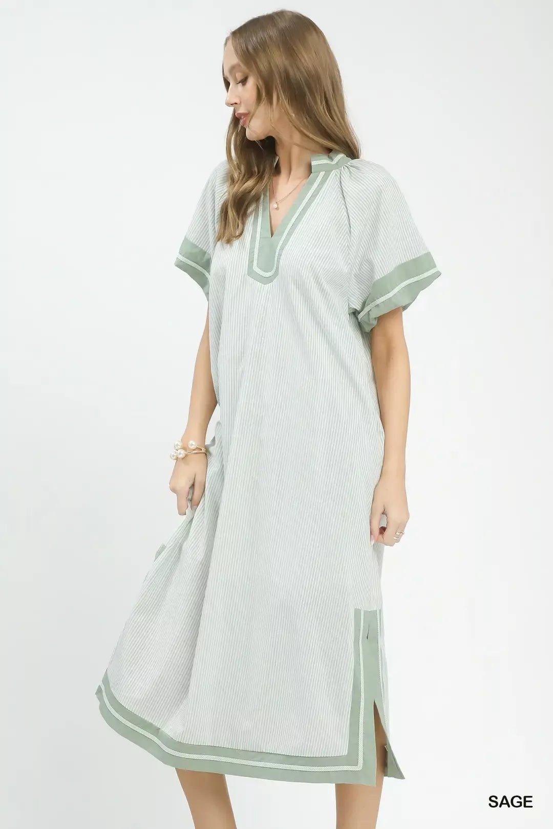 Umgee Pinstripe Contrast Trim Midi Dress - Glamourous Grace