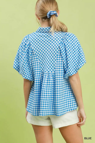 Umgee Smocked Yoke Puff Sleeve Gingham Blouse in Blue - Glamourous Grace