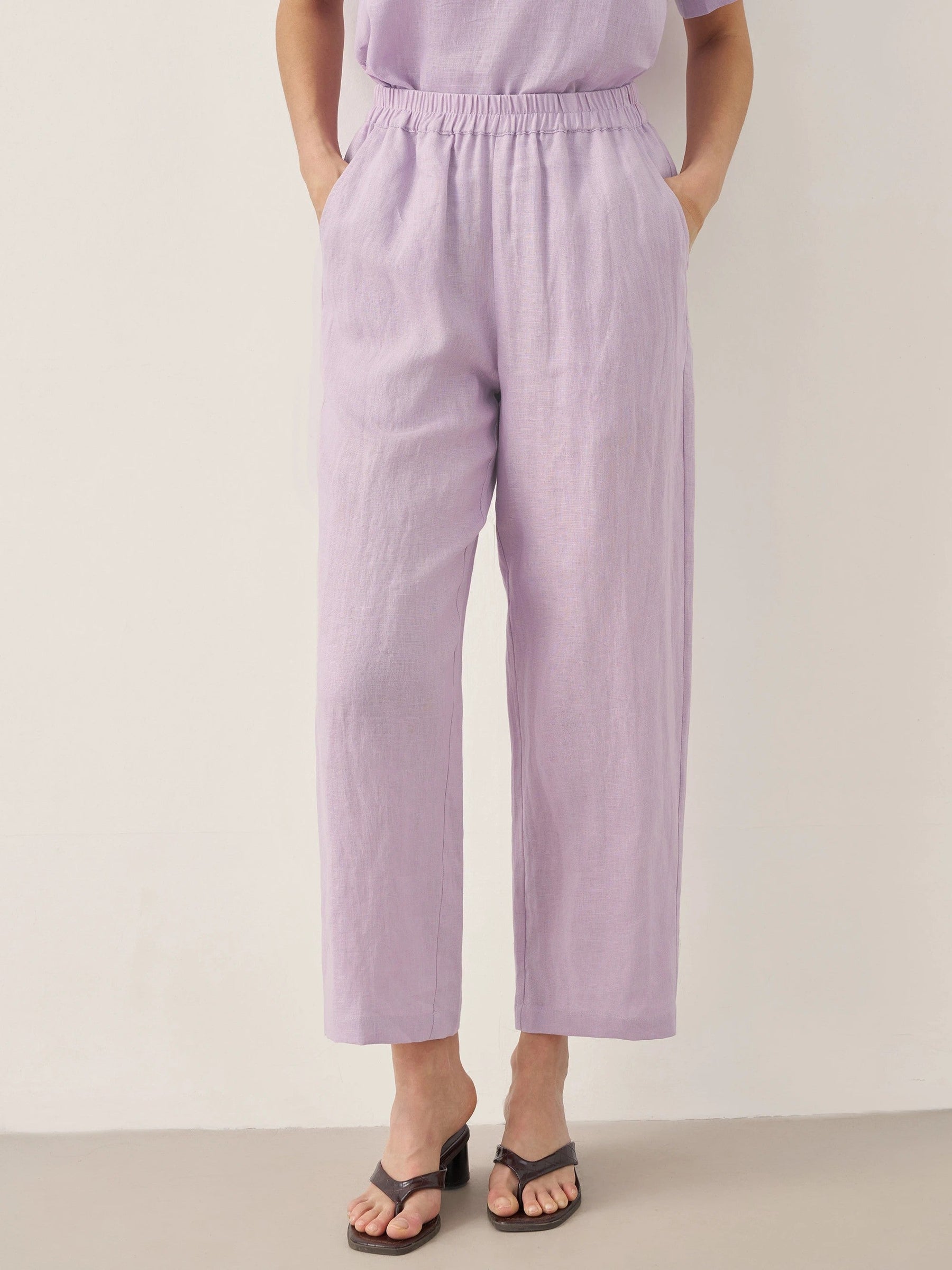 100% Linen Short-Sleeve Round Neck Button Detail Top & Pants Set SASHA - Glamourous Grace