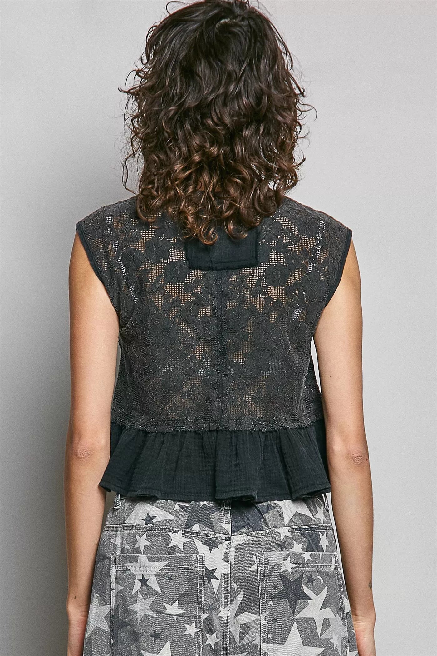 POL Round Neck Lace Sleeveless Top with Double Gauze Ruffle - Glamourous Grace