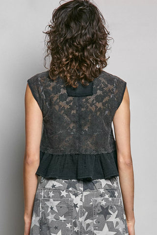 POL Round Neck Lace Sleeveless Top with Double Gauze Ruffle - Glamourous Grace