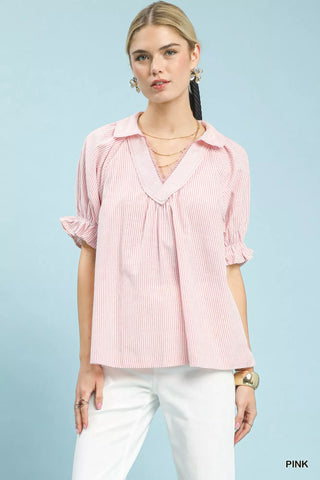 Umgee Pinstripe V-Neck Ruffle Sleeve Blouse - Glamourous Grace