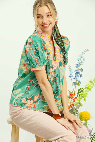 Umgee Mixed Abstract Print Puff Sleeve Blouse in Green - Glamourous Grace
