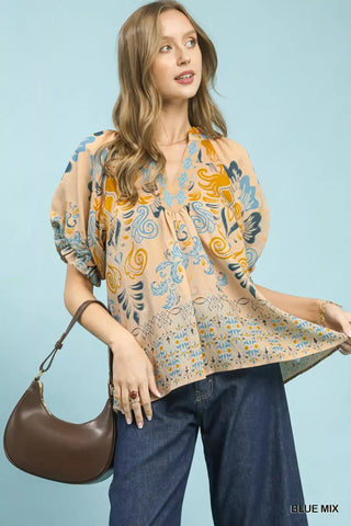 Umgee Border Print Puff Sleeve V-Neck Blouse - Glamourous Grace