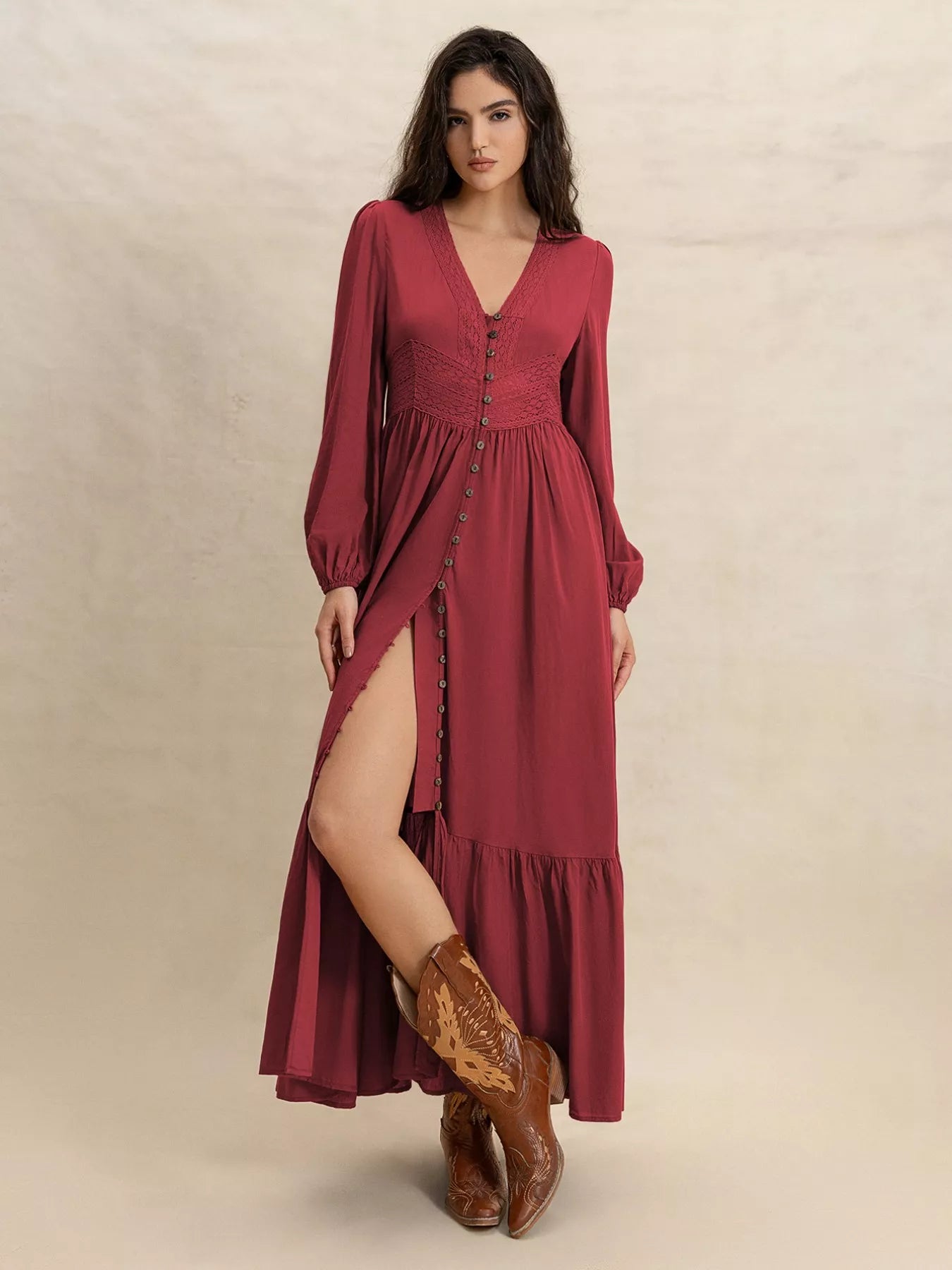 Plus Size V-Neck Balloon Sleeve Maxi Dress - Glamourous Grace