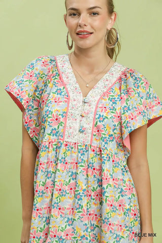 Umgee Mix Floral Tiered Mini Dress with Side Pockets - Glamourous Grace