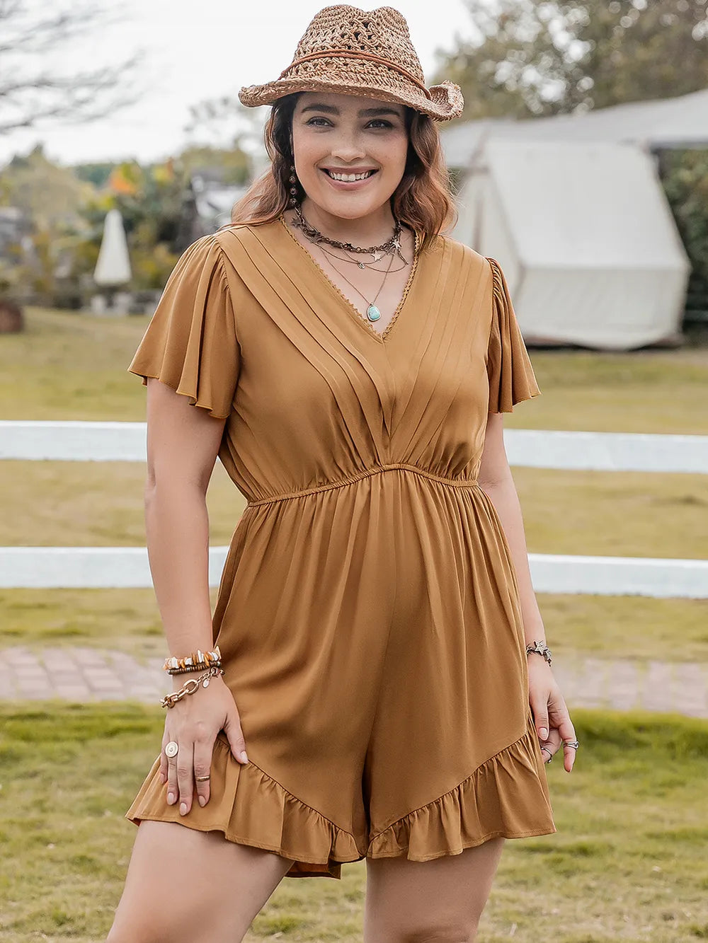 Plus Size Ruffled V-Neck Short Sleeve Romper - Glamourous Grace