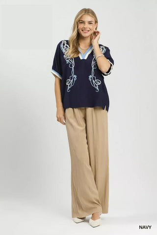 Umgee Embroidered Floral V-Neck Short Sleeve Blouse with Contrast Trim - Glamourous Grace