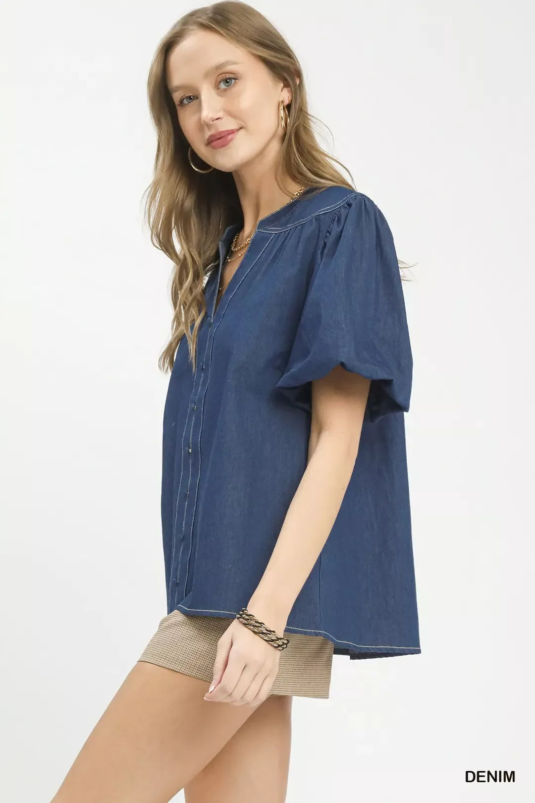 Umgee Denim Button Front Puff Sleeve Boho Blouse - Glamourous Grace