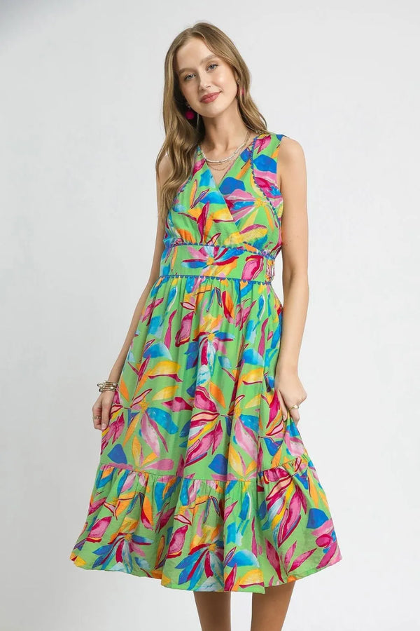 Umgee Ruffled Hem Printed Sleeveless Midi Dress - Glamourous Grace