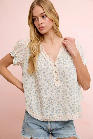 BiBi Floral Crinkle Neckdrop Short Sleeve Blouse Top - Glamourous Grace