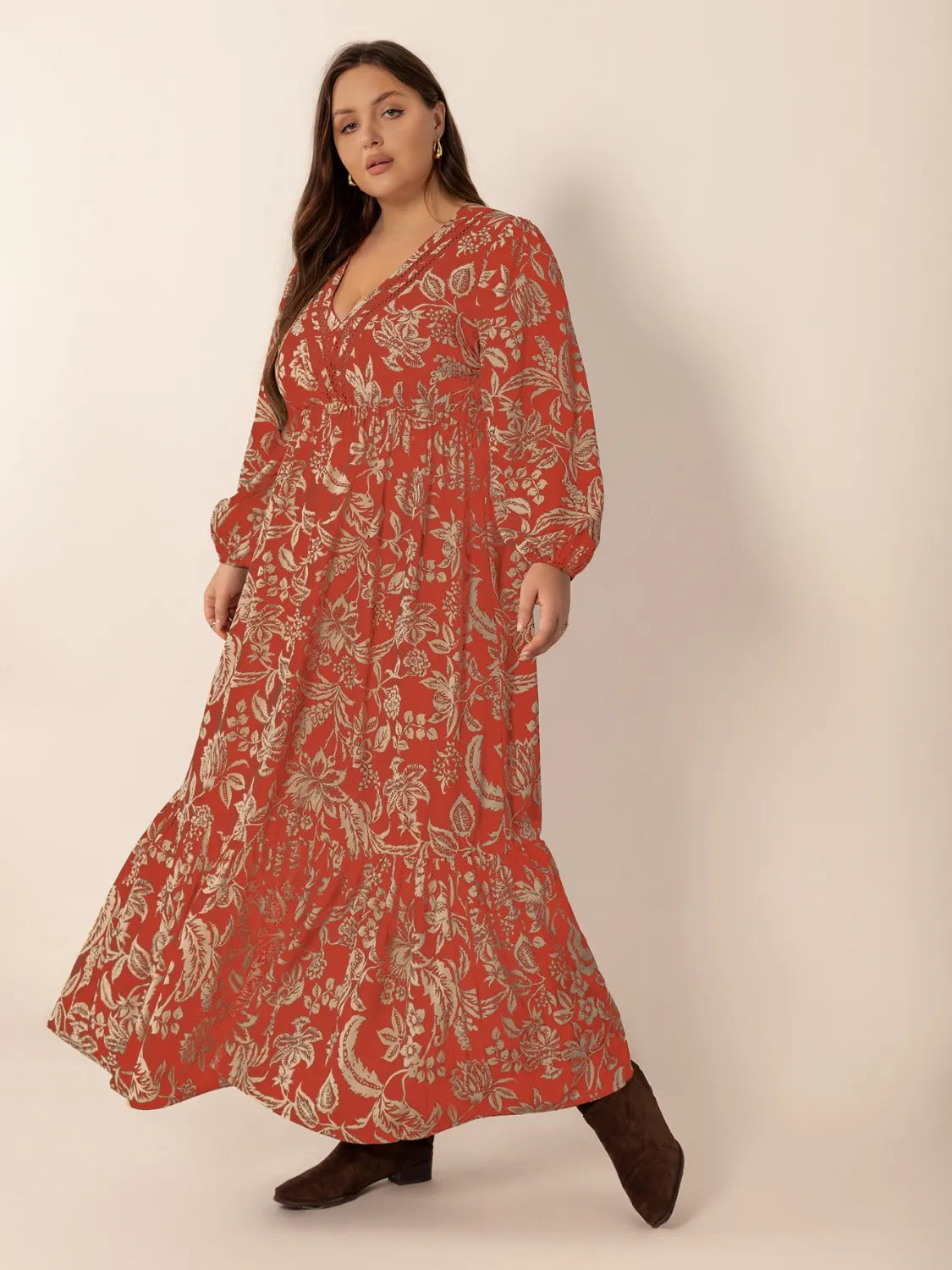 Plus Size Lace Detail Printed Balloon Sleeve Midi Dress - Glamourous Grace