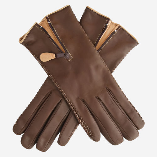 CA0547 (brown) – Women’s Italian lambskin cashmere-lined leather gloves with zipper - Glamourous Grace