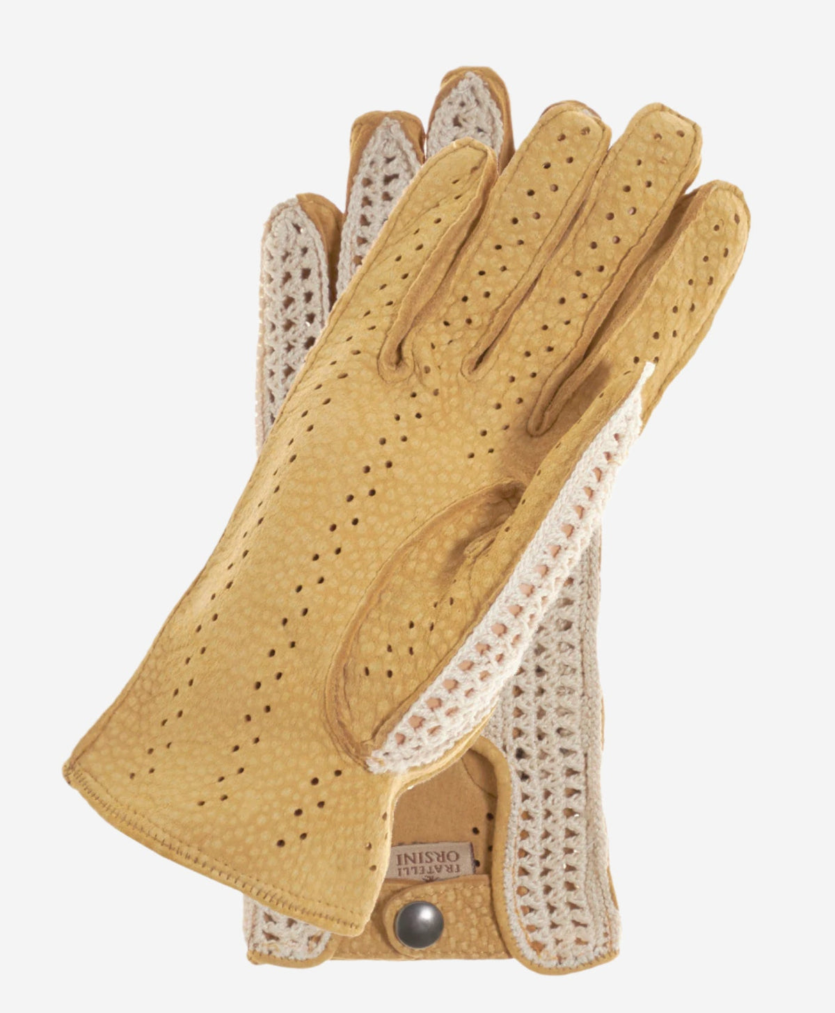 CA4620 (tan) - Women’s Italian crochet and carpincho leather driving gloves - Glamourous Grace