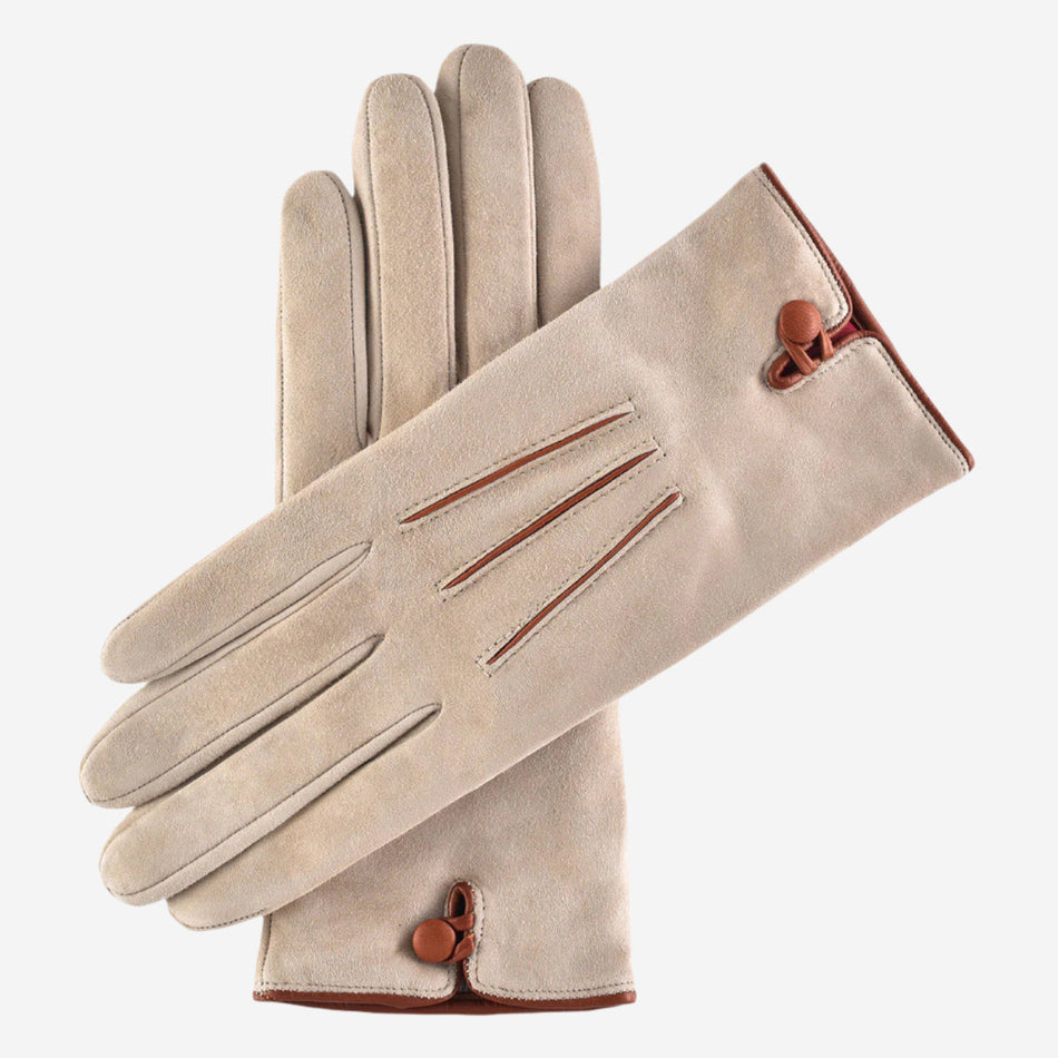 CA4941 (alabaster) - Women’s Italian handsewn suede gloves with cashmere lining and distinctive details - Glamourous Grace