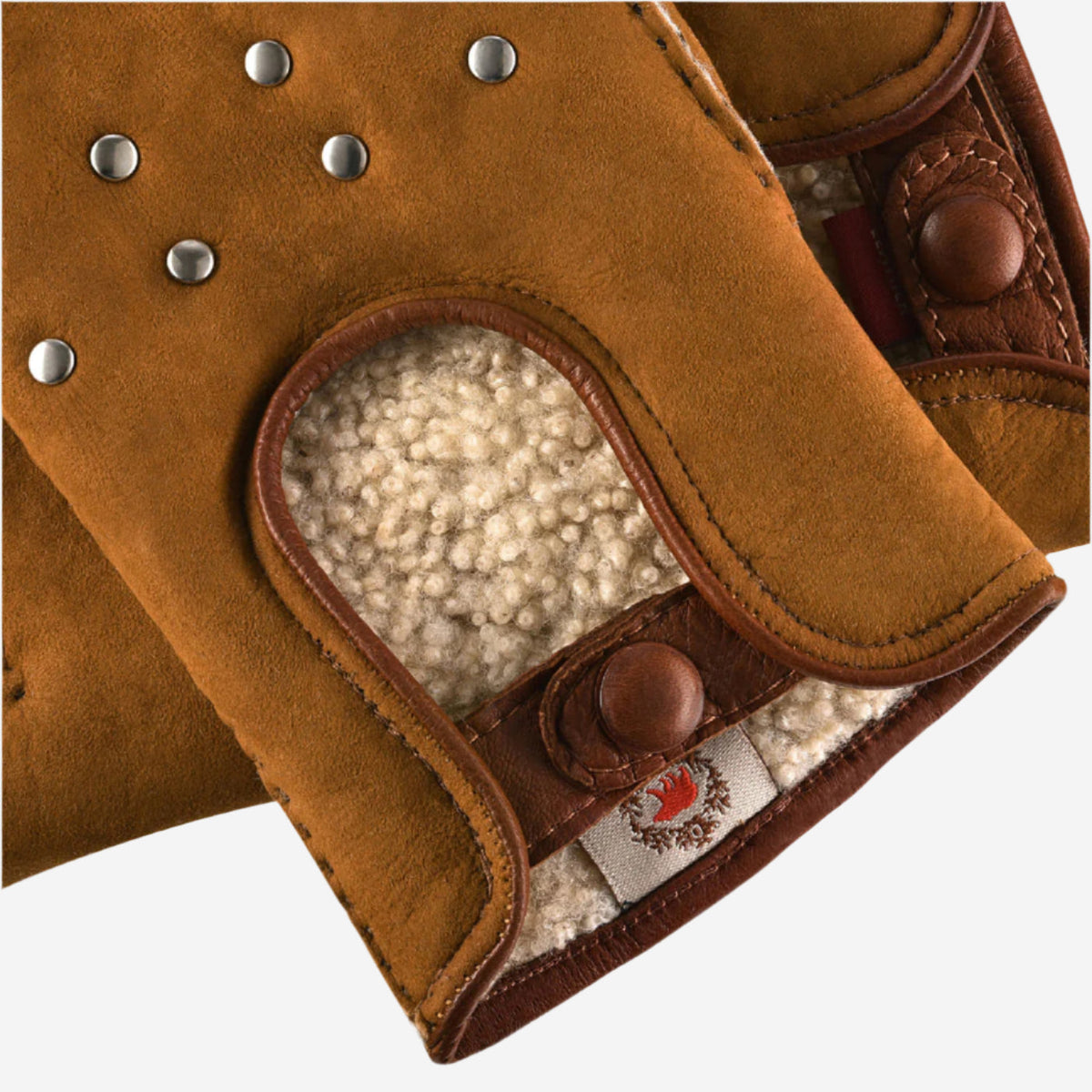 CA4956 (cognac) - Women’s Italian suede driving gloves with lambswool lining and metal studs - Glamourous Grace
