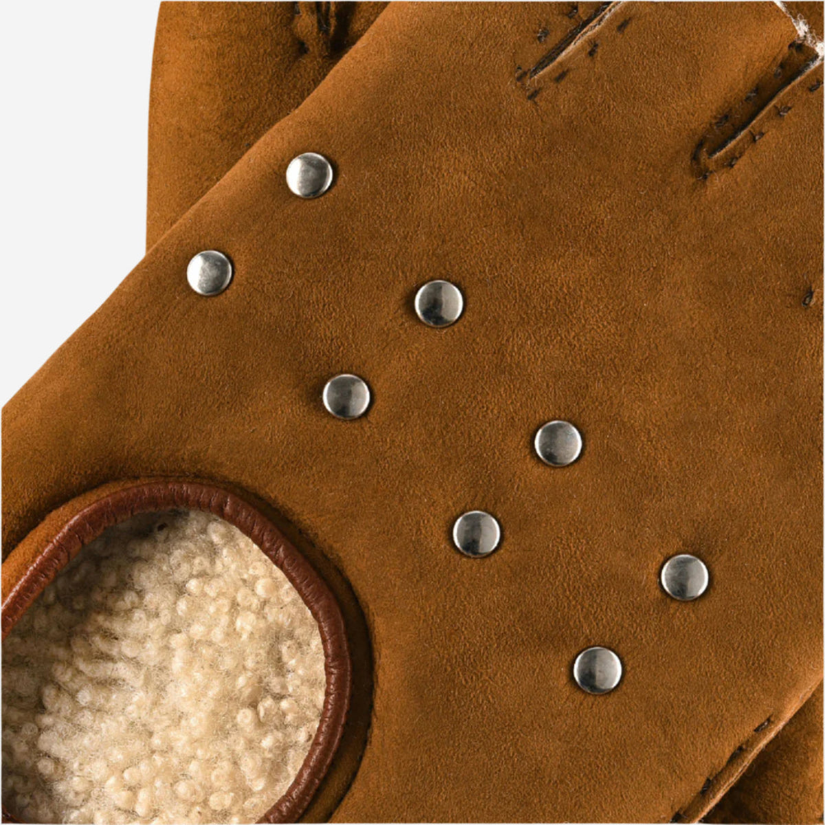 CA4956 (cognac) - Women’s Italian suede driving gloves with lambswool lining and metal studs - Glamourous Grace