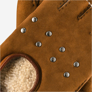 CA4956 (cognac) - Women’s Italian suede driving gloves with lambswool lining and metal studs - Glamourous Grace