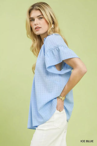 Umgee Gingham Puff Sleeve Top with Lace Trim - Glamourous Grace